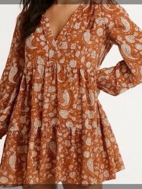 MELLODAY Rust Paisley V-Neck Tiered Mini Dress